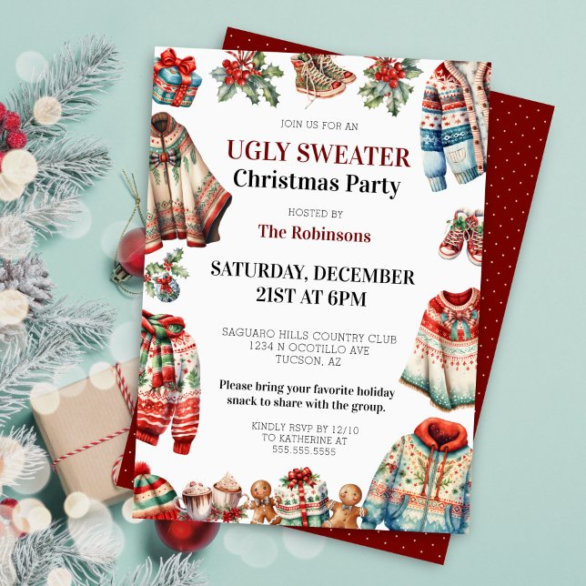 Convite Festa de Natal do Office Modern Ugly Sweater (fun ugly sweater christmas party invitations for corporate office holiday party invites)
