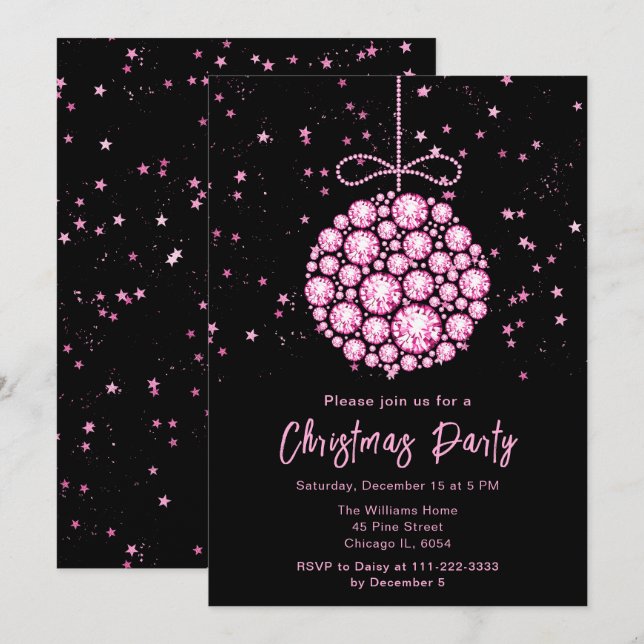 Convite Festa de Natal do Ornament Glam Pink (Frente/Verso)