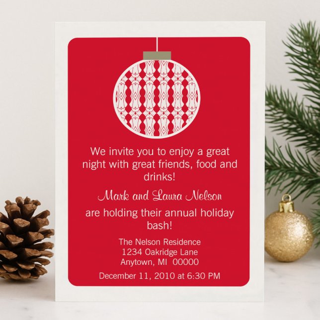 Convite Festa de Natal do Ornamento de Arte Convidado, Ver (Red Art Deco Ornament Christmas Party Invitation)