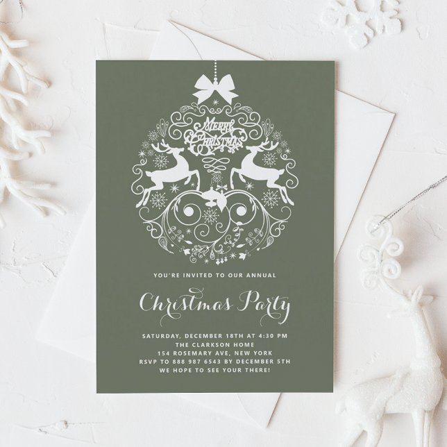 Convite Festa de Natal do Ornamento do Ornamentado Festivo (Taupe Green Festive Ornate Ornament Christmas Party Invitation)