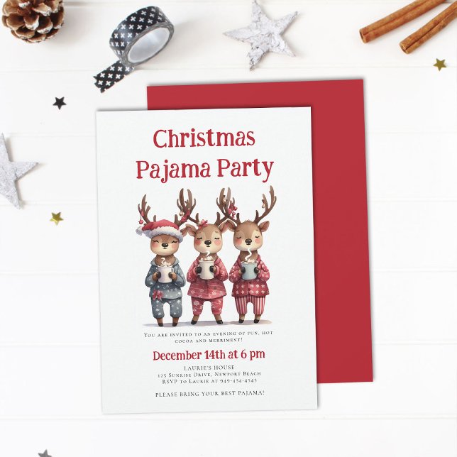Convite Festa de Natal do Pajama Engraçada Reindee com Son (christmas pajama party invitation funny reindeer hot cocoa pj sleepwear sleepover teens kids cute)