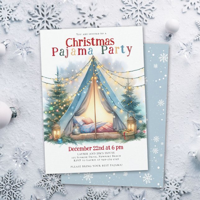 Convite Festa de Natal do Pajama Luzes de Tonalidade Aquar (christmas pajama party invitation slumber sleepover tent watercolor twinkle lights happy cute)