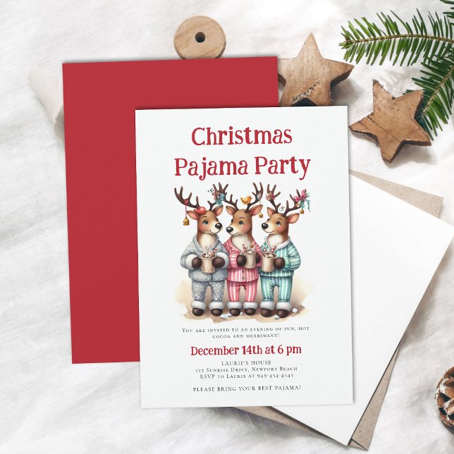 Convite Festa de Natal do Pajama Reindeer Engraçado Sleepo (christmas pajama party invitation funny reindeer hot cocoa pj sleepwear sleepover teens kids cute )