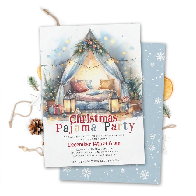 Convite Festa de Natal do Pajama Tent Travesseiro Twinkle  (christmas pajama party invitation slumber sleepover tent watercolor twinkle lights happy colorful )