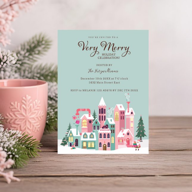 Convite Festa de Natal do Polonês do Norte Rosa Elf (Cozy North Pole Pink Elf Workshop Christmas Party Invitation)