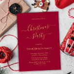 Convite Festa de Natal do Red Holiday da Caligrafia Modern<br><div class="desc">Caligrafia moderna Os Convites de festas Dourados e de Natal Vermelho são perfeitos para um evento de Natal simples. Apresenta um texto elegante do "Partido de Natal" num belo tipo de letra com letras esplêndidas e sujas em ouro, em fundo vermelho. Fácil de personalizar com seu nome e detalhes da...</div>