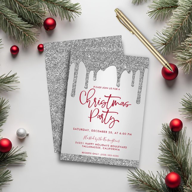 Convite Festa de Natal do Silver Glitter Drivers (Christmas Silver Glitter Drips Christmas Party Invitation)
