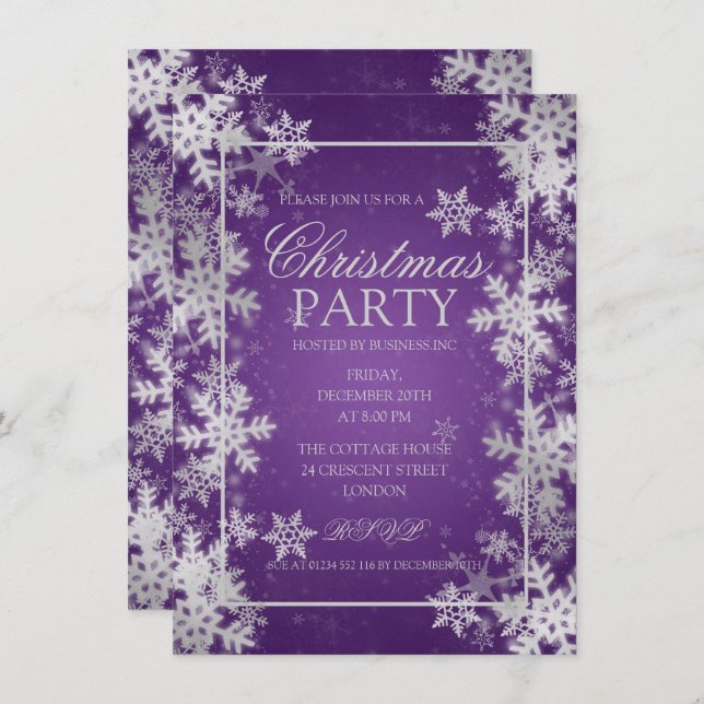 Convite Festa de Natal do Silver Purple Foil Snowflakes (Frente/Verso)