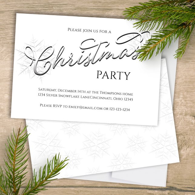 Convite Festa de Natal do Silver Snowflake do Script Elega (Silver snowflake Christmas holiday calligraphy script invitation. )