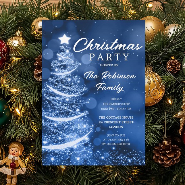Convite Festa de Natal do Sparkle Blue Christmas (Christmas Tree Sparkle Blue Christmas Party Invitation)