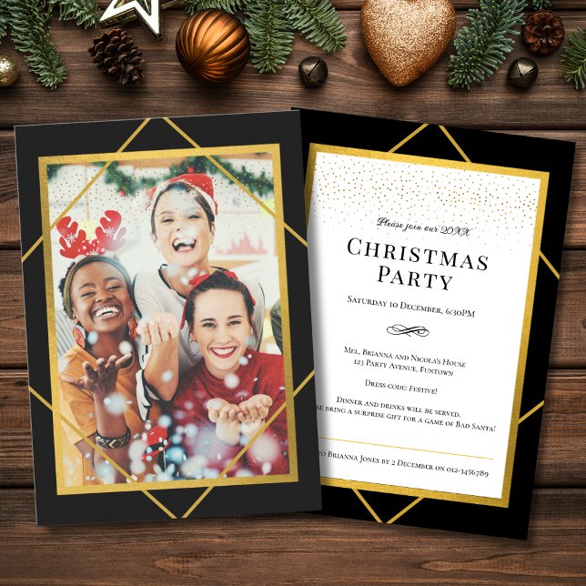 Convite Festa de Natal do Sparkle Photo (Christmas Party Invitation with sparkle elements and custom photo in gold, black and white)