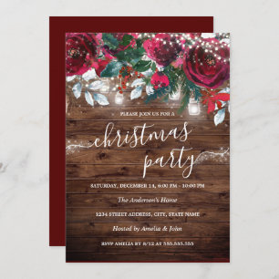 Convite Festa de Natal do Sparkle Rustic Red Floral