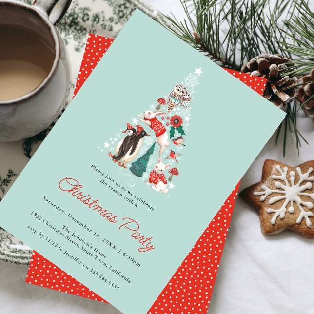 Convite Festa de Natal dos Animais Cachorros e Florestas d (Cute Animals Winter Woodland Christmas Party Invitation)