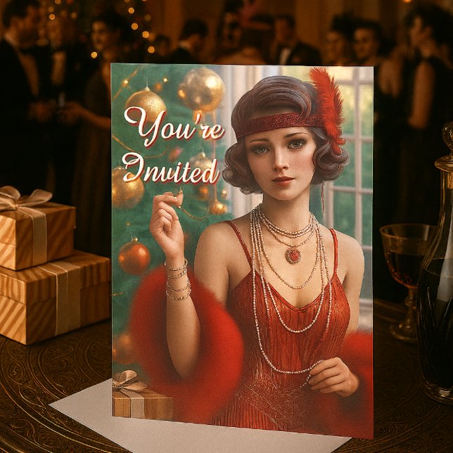 Convite Festa de Natal dos Anos 1920 Férias Flapper  (Vintage Retro Gatsby Christmas Party Invitation )