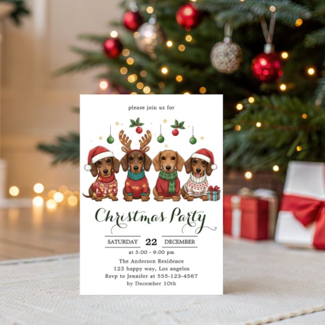 Convite Festa de Natal dos Cachorrinhos Dachshund Fofos  (Criador carregado)