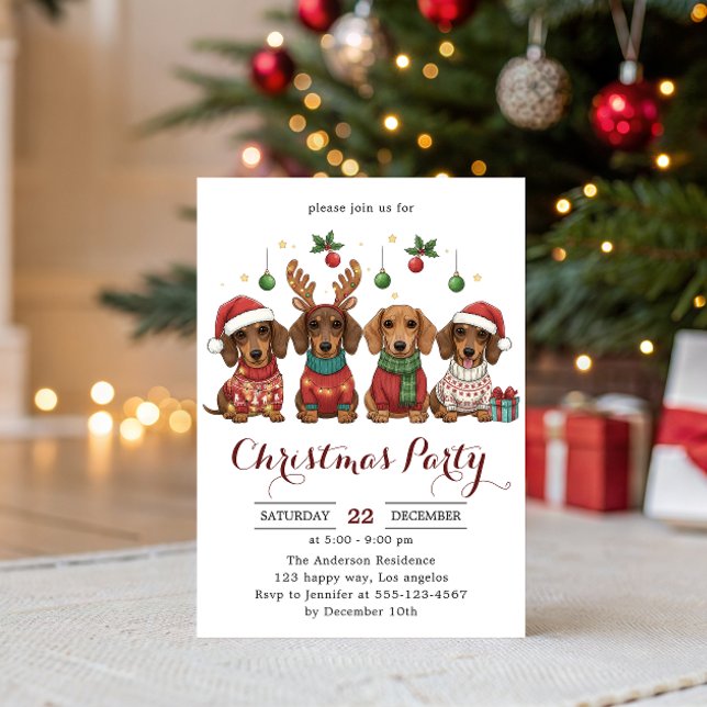 Convite Festa de Natal dos Cachorros Dachshund Fofos  (Criador carregado)