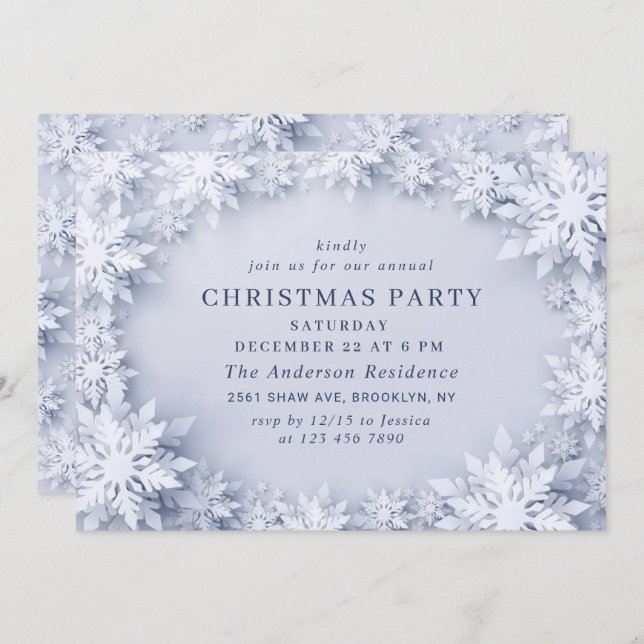 Convite Festa de Natal dos Flocos de Neve Elegantes (Frente/Verso)