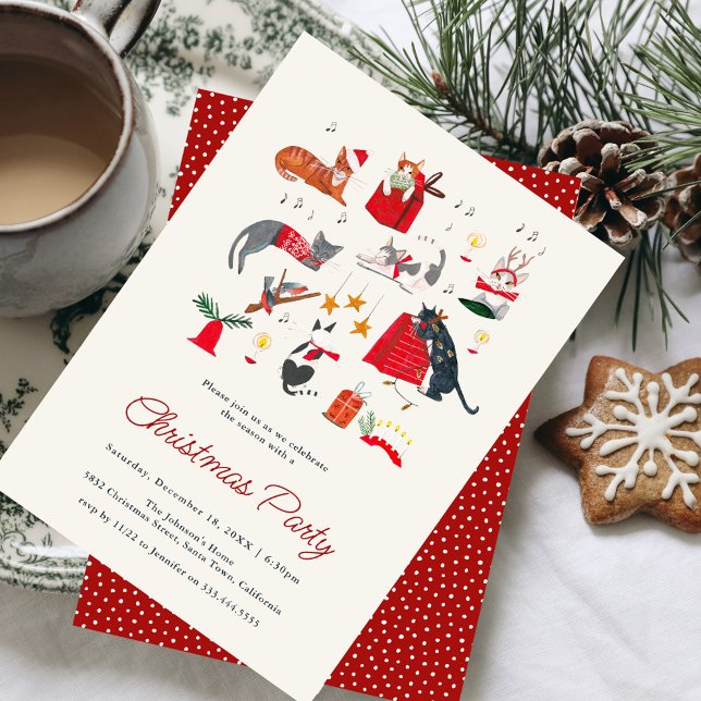 Convite Festa de Natal dos Gatos Fofos de Natal  (Cute Cat Kitten Christmas Holiday Party Invitation)