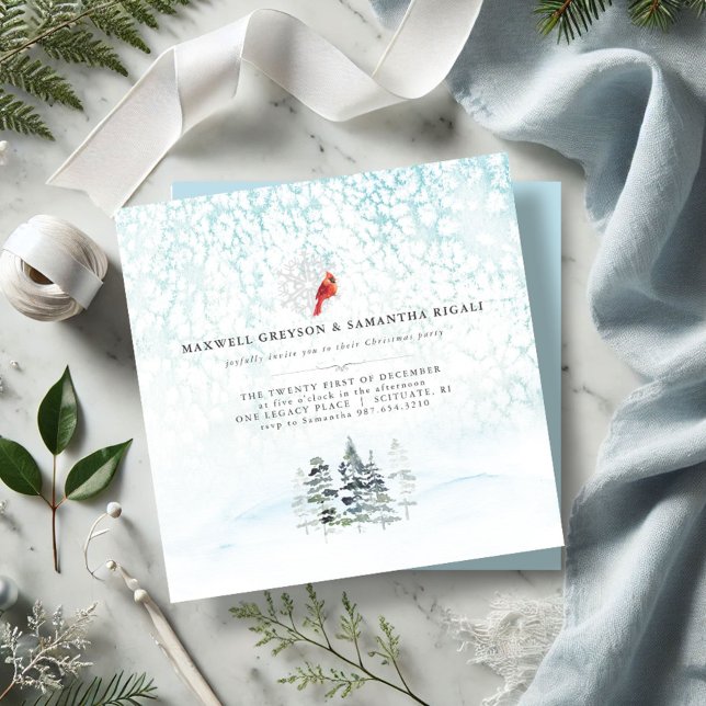 Convite Festa de Natal dos Pinus de inverno Elegante (Christmas party invitations watercolor pine trees red cardinal wintery scene minimalistic)