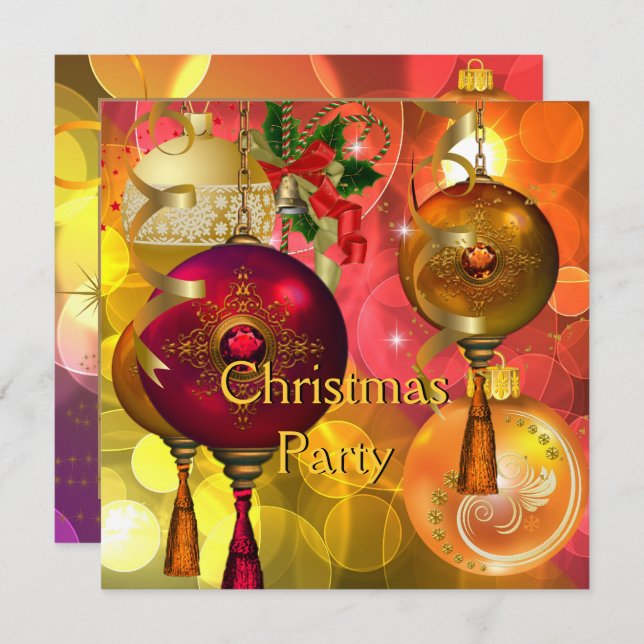 Convite Festa de Natal Dourada Amarelo Vermelho Verde (Frente/Verso)