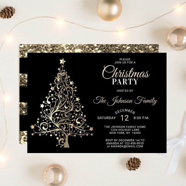 Convite FESTA DE NATAL Dourada, Árvore Luminosa Negra (CHRISTMAS PARTY Black Gold Glitter Tree Invitation)