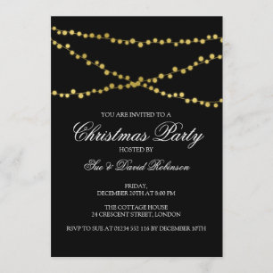 Convite Festa de Natal Dourada brilha cordas luzes pretas
