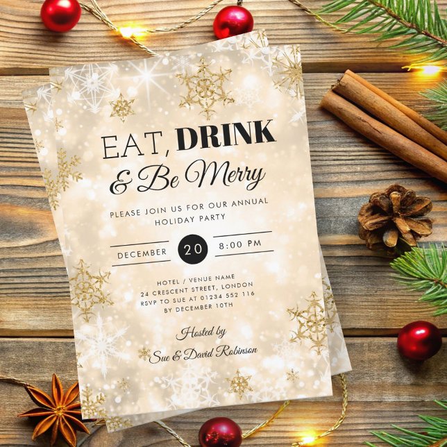 Convite Festa de Natal Dourada "Coma e Beba" de inverno (Winter "Eat & Drink" Gold Holiday Christmas Party Invitation)