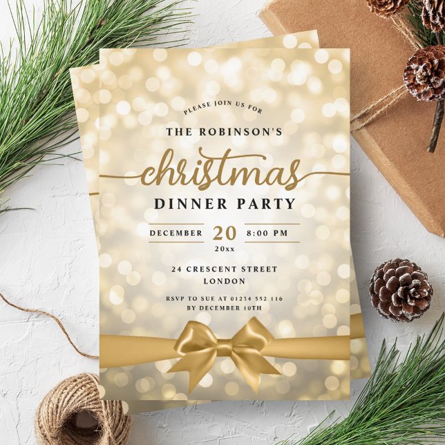 Convite Festa de Natal Dourada de Fita Estiva (Festive Ribbon Gold Lights Christmas Party Invitation)