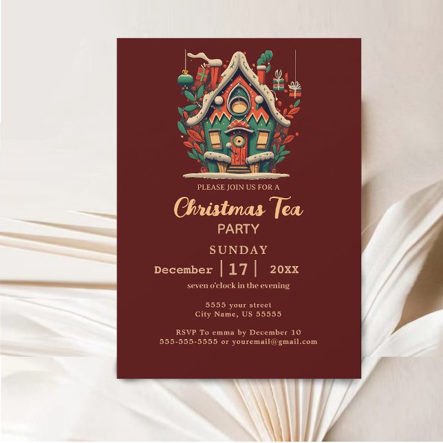 Convite Festa de Natal Dourada e Red House (Elegant Gold & Red House Christmas Tea Party Invitation)