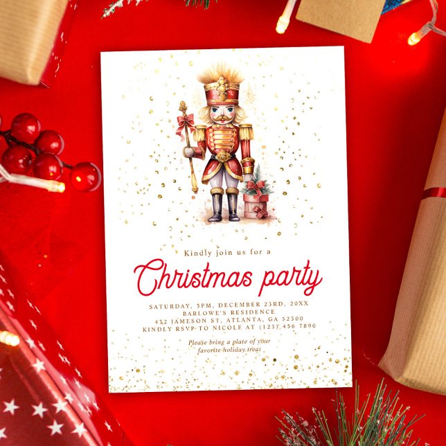 Convite Festa de Natal Dourada e Vermelha (Red Gold Nutcracker Christmas Party Invitation)