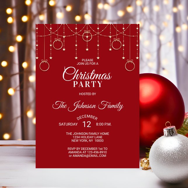 Convite FESTA DE NATAL - Douradas Gliters VERMELHAS (CHRISTMAS PARTY RED Gold Glitter Stars Invitation)