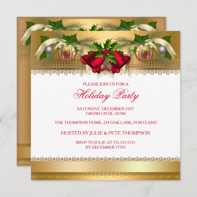 Convite Festa de Natal, Dourado Red Belle (Frente/Verso)