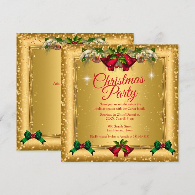 Convite Festa de Natal Dourado Vermelho Brilho 2 (Frente/Verso)