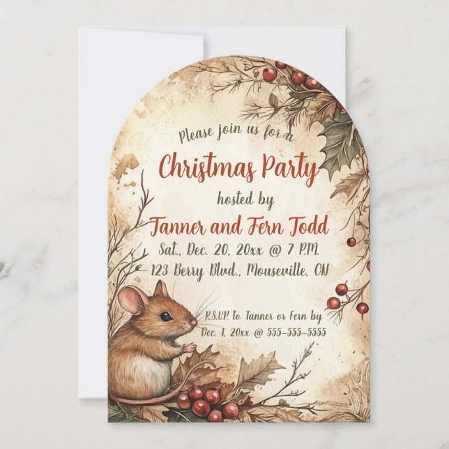 Convite Festa de Natal Editável De Mouse E Berries (Frente)