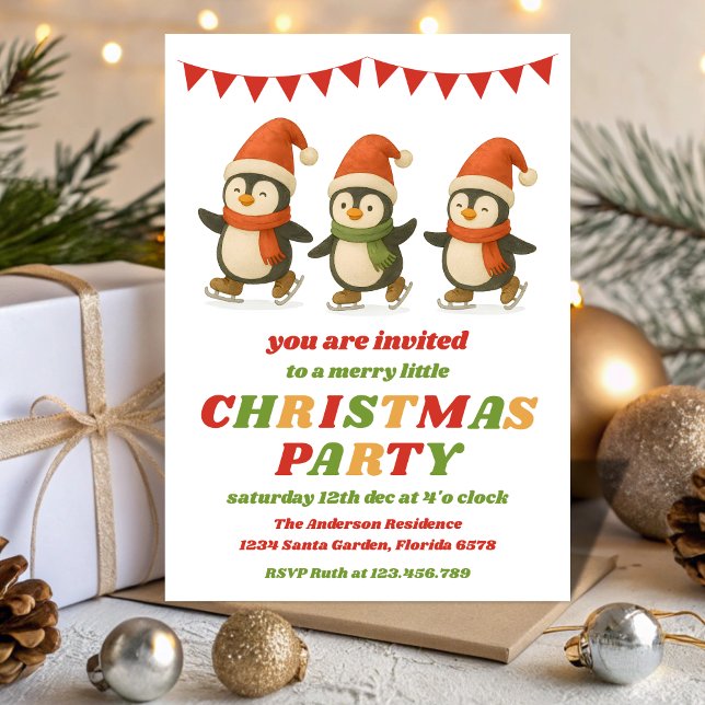Convite Festa de Natal Editável Pinguins Retrô (Criador carregado)