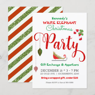 Convite Festa de Natal Elefante Branco Brilho Verde Vermel