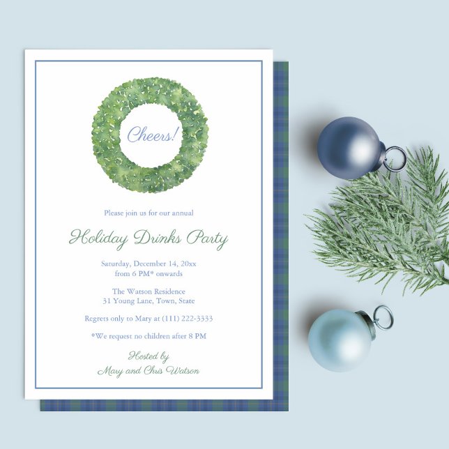 Convite Festa de Natal Elegante Boxwood Wreath (Simple Elegant Holidays Party Invitation In Blue / Green With Boxwood Wreath And Tartan Plaid Backer)