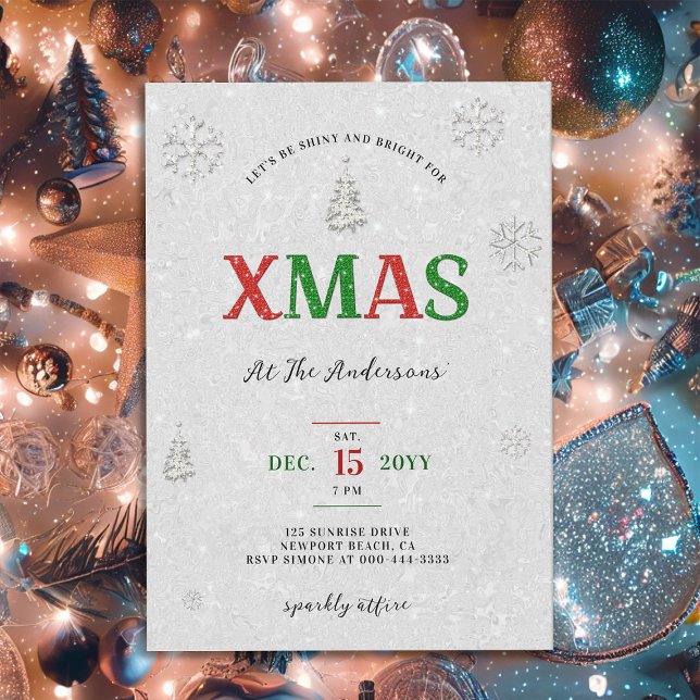 Convite Festa de Natal Elegante - Brilho Verde Vermelho (elegant christmas party invites rhinestones glitter bling red green white tree snow snowflakes glam )