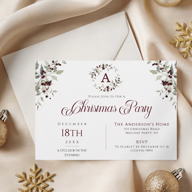 Convite Festa de Natal Elegante com Azevinho em Aquarela (Criador carregado)