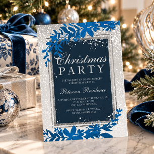 Convite Festa de Natal Elegante com Folhagem Nevada Azul P