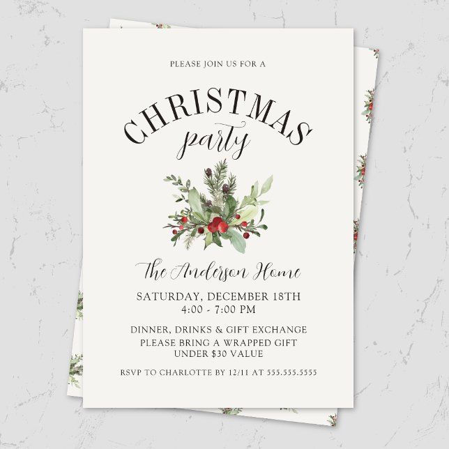 Convite Festa de Natal Elegante com Musgo Mínimo (Image of elegant, modern mistletoe Christmas party invitation with neutral festive  old money script)