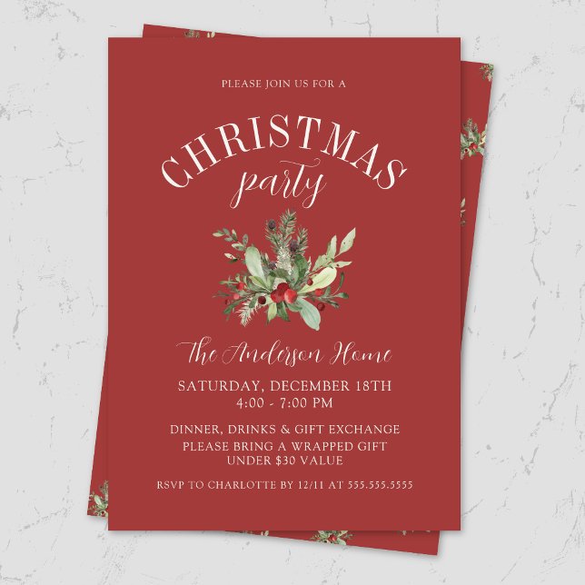 Convite Festa de Natal Elegante com Visco Vermelho (Elegant, modern red Christmas party invitation card on marble surface with elegant festive mistletoe)