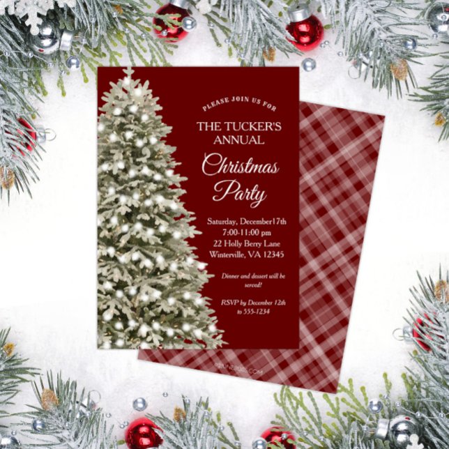Convite Festa de Natal Elegante da Árvore Vermelha da Xadr (Elegant Christmas Tree Christmas Party Invitation with Dark Red Plaid)