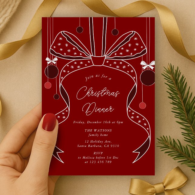 Convite Festa de Natal Elegante de Arcos e Fitas Vermelhas (elegant bow and ribbon Christmas party invitation red and white)
