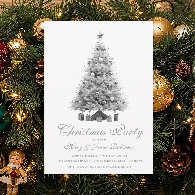 Convite Festa de Natal Elegante de Árvore de Prata (Elegant Silver Christmas Tree Holiday Party Invitation)