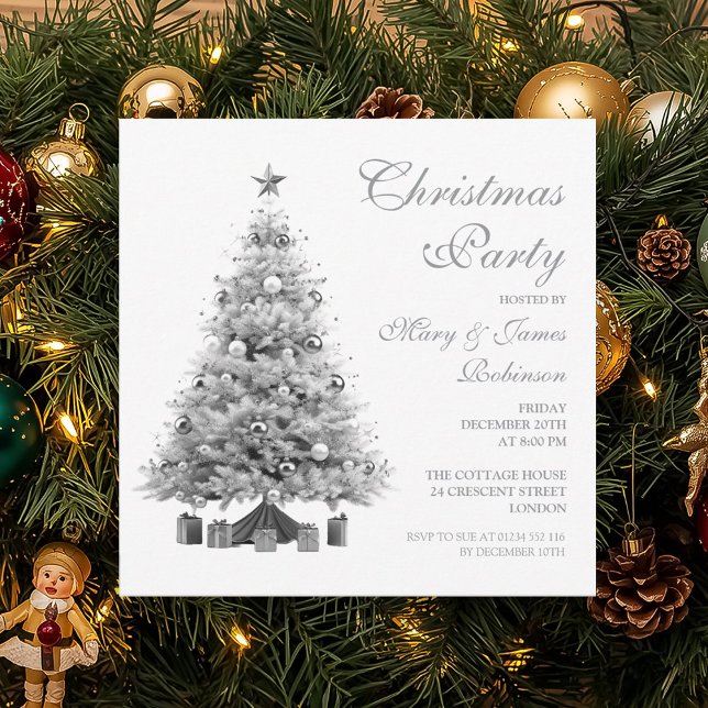 Convite Festa de Natal Elegante de Árvore de Prata (Elegant Silver Christmas Tree Holiday Party Invitation)