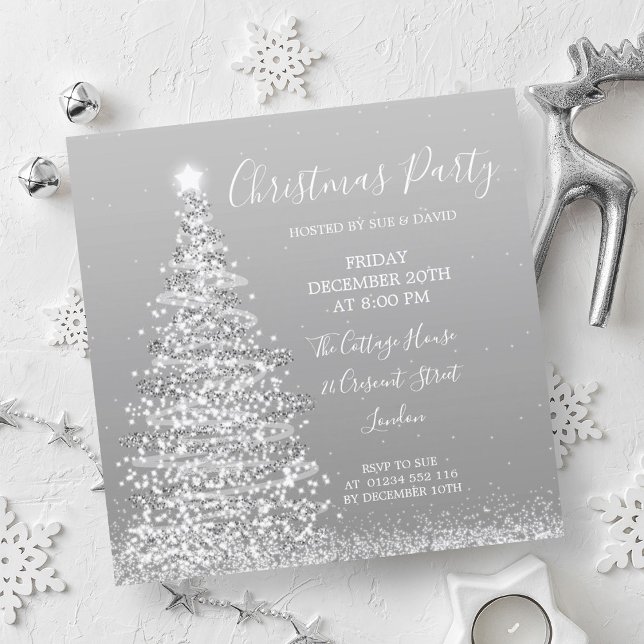Convite Festa de Natal Elegante de Árvore Glitter (Elegant Silver Glitter Tree Christmas Party Invitation)