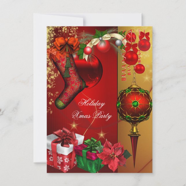 Convite Festa de Natal Elegante de Natal Vermelho Dourado  (Frente)