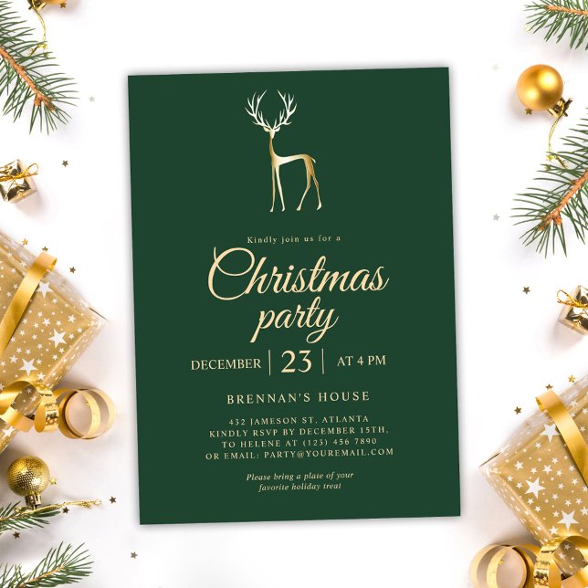 Convite Festa de Natal Elegante de Reindeer Festivo Verde (Green Festive Reindeer Elegant Christmas Party Invitation)