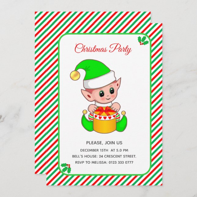 Convite Festa de Natal Elegante do Elfo de Natal (Frente/Verso)